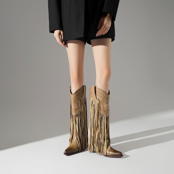 Women's Fashion Pointed Toe Chunky Pull On Knee High Heel Embroidered Tan Boot - Picture 6 of 8